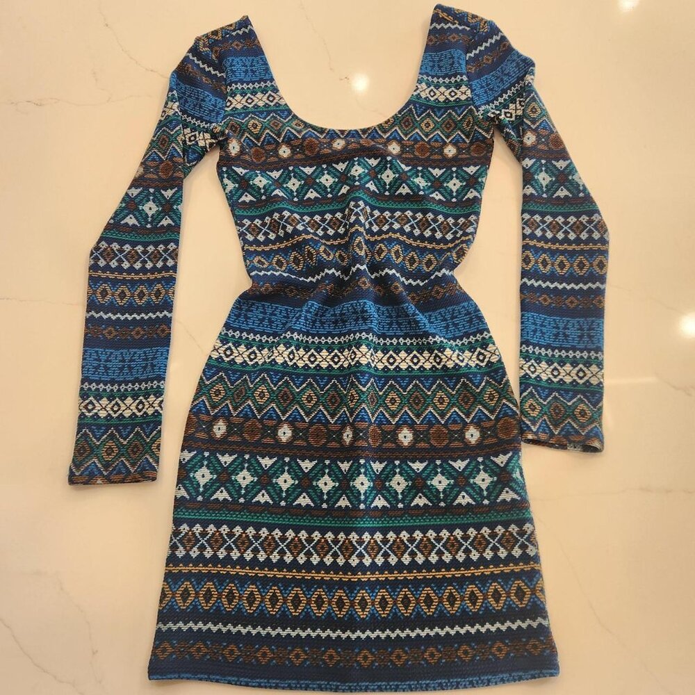 Rare Forever 21 Sz S Geometric Abstract Blue long sleeve Mini Dress Aztec AOP